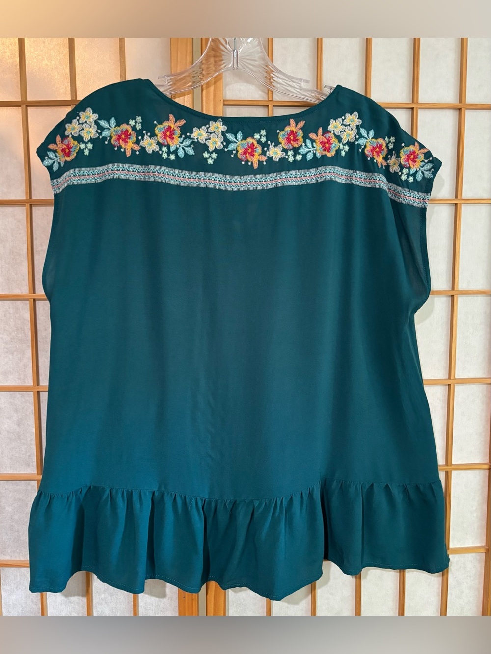 SAVANNAH JANE flowy rayon EMBROIDERED TOP summer boho garden TEAL GREEN large - Picture 4 of 6